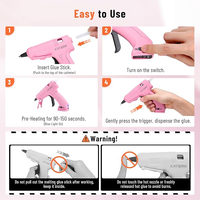 Katerk 3.7V Cordless Hot Glue Gun Kit, 90s Fast Heating, Mini Glue Gun with 15 Glue Sticks, USB-C Rechargeable with 2000mAh Built-in Battery, Ideal for DIY, Gift Making, School Crafts & Repairs (Pink)