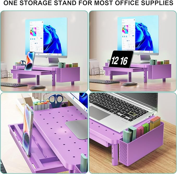 WALI Computer Monitor Stand with Storage and Pen Holder | 3 Height Adjustable Desk Organizer with Drawer, Desk Laptop Monitor Riser for Computer, Printer(PTT003-V), 1 Pack, Violet