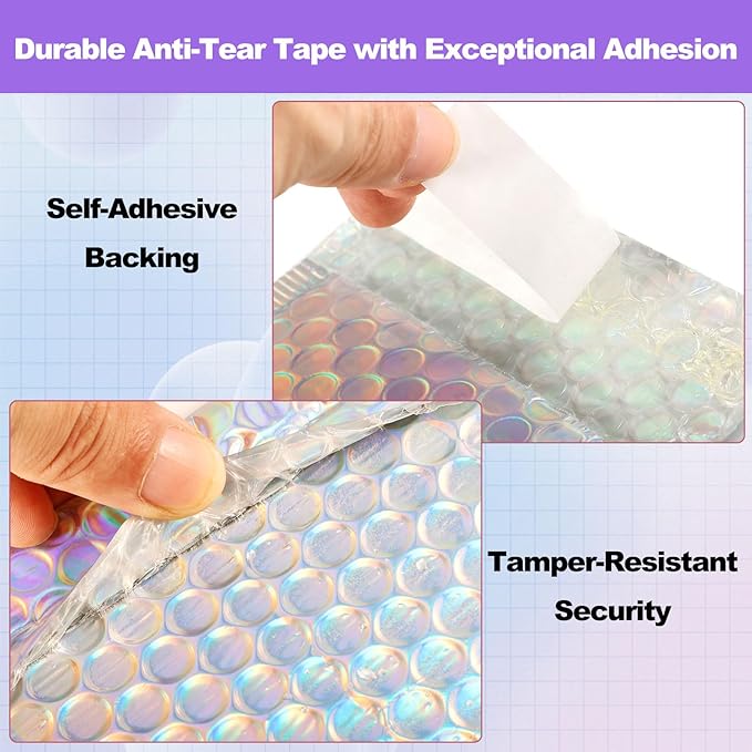 50 Pcs Metallic Bubble Mailers,With Thank You Cards and Stickers,Holographic Bubble Mailers,Self Seal Poly Padded Envelopes,Adhesive Shipping Bag,Cushion Envelopes for Mailing Small Business