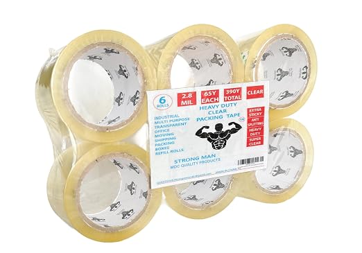 Strong Man Heavy Duty Packing Tape, 6 Rolls of 2.8 mil x 1.88 in x 65 Yards, Ultra Strong, Super Clear, Refill for Packaging and Shipping Supplies,
