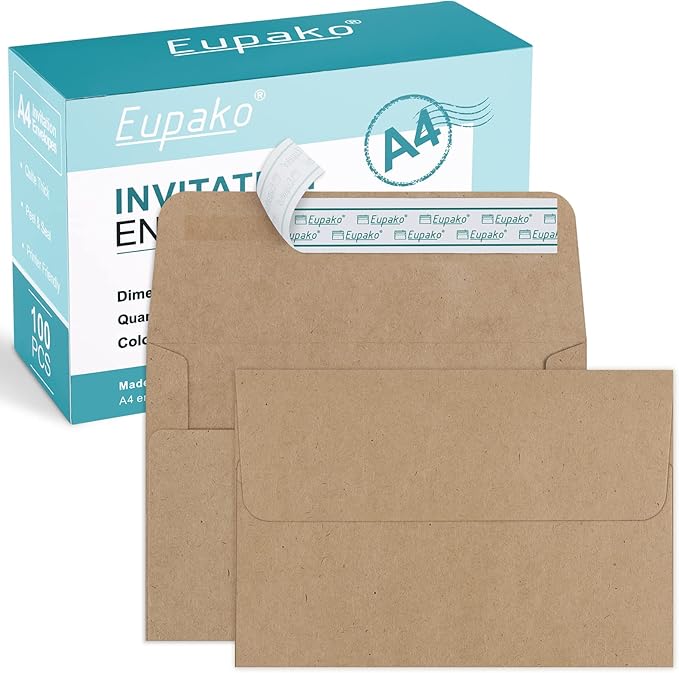 Eupako A4 Brown Photo Envelopes 4x6, 100 Pack Self Seal Envelopes for 4x6 Cards, Photos, Invitations, Wedding, Graduation, Baby Shower, 4.25 x 6.25 Inches