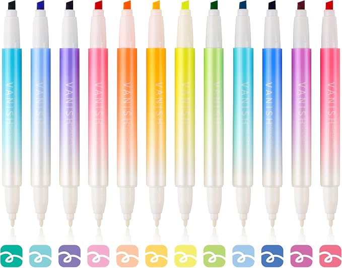 HANKU 12 Pack Cute Erasable Highlighters, Dual Tip Markers for Journaling | Erasable Marker Pens, 12 Assorted Colors, Chisel Tip Smooth Writing, for Journaling Planner Back to School Office Supplies