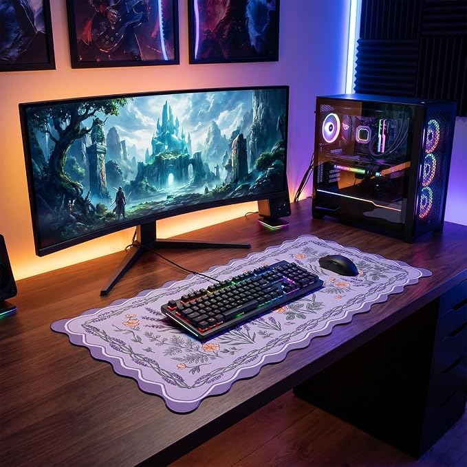 Lavender Floral Scalloped Mouse Pad Bird Botanical Lilac Garden Large Gaming with Stitched Edges,Non-Slip Waterproof Rubber Base Mous Mat Office Computer Keyboard Laptop Home 31.5"x15.7"