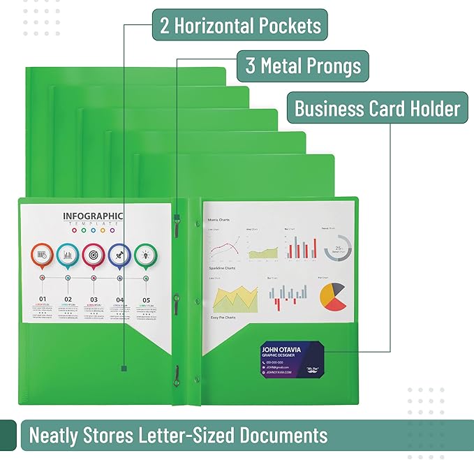 Mr. Pen- Plastic Folders with Pockets and Prongs, 48 Pack, Letter Size, Green, Flexible Plastic Folders with Prongs and Card Slot