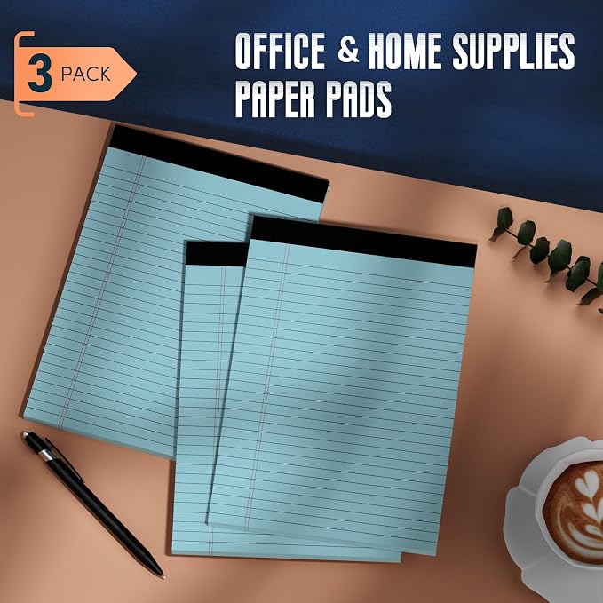 3 Pack Blue Legal Pads 8.5 x 11 Note Pads, Wide Ruled Notepads 8.5 x 11 | Lined Paper Wide Ruled Blue Writing Pads, 30 Sheets Per Note Pad, Micro Perforated Colored Legal Pads for Work/School/Office