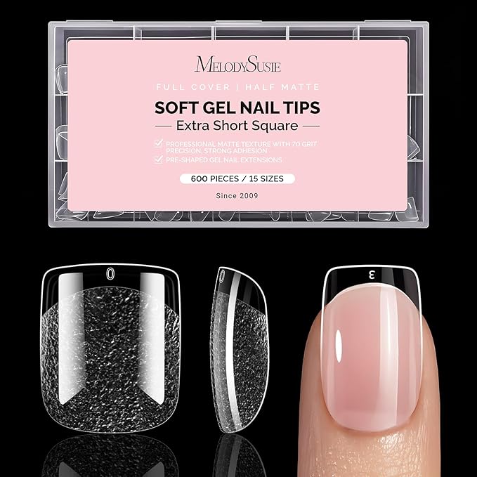 MelodySusie Extra Short Square X Nail Tips - 600Pcs 15 Sizes Clear Acrylic,Half Matte Full Cover Press on Nails for DIY Extension & Salon Use, Pre-Shaped for Long-Lasting Manicure, Fall Winter Nails