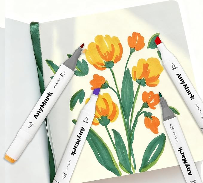 AnyMark 80 Colors Alcohol Markers Chisel & Fine Dual Tip | Coloring Markers Set for Adult Book Drawing Sketching Painting, Illustration, White Penholder