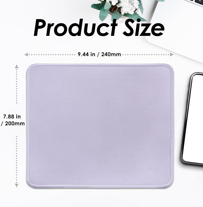 FROGIGO Mouse Pad with Stitched Edges - Solid Color Mousepad for Women, 9.25 x 7.75 inch Washable Square Desk Pad, Non-Slip Rubber Base, Office Home Laptop Accessories - Lilac Purple