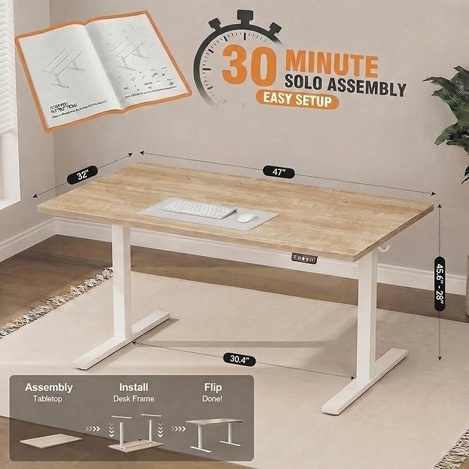 Grandder 47x32 Large Electric Standing Desk, Height Adjustable Computer Desk with 2 Memory Presets, 31.5" Deep Desktop Sit Stand Desk Home Office Desk Workstation Table with Hooks, Oak