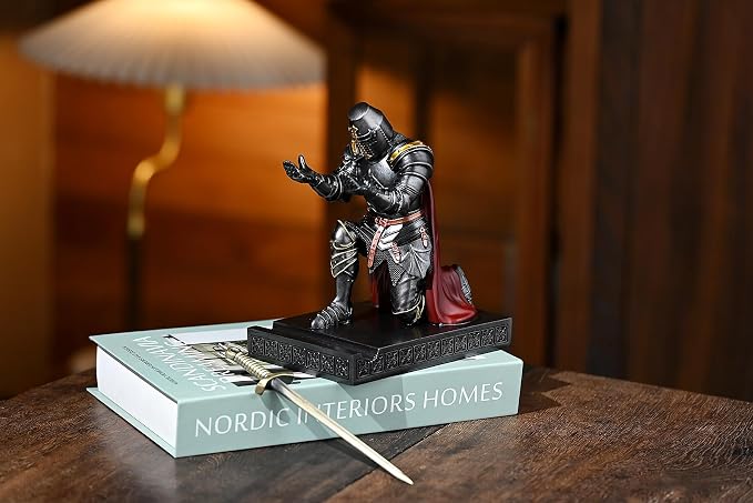 Medieval Templar Vanguard Officer Knight Pen Holder Desk Organizers Iron | Pencil Stand Paperweight Desktop Decoration Accessories Cell Phone Stand with a Fancy Sword for Medieval Warrior Enthusiast