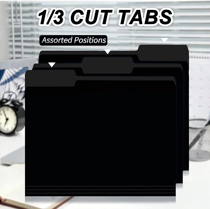 VZCPYTPM 100 Packs Black File Folder,Manilla File Folders Letter Size,1/3-Cut Tabs,8.5x11 File Folders for Office Filing,School Projects and Home,Organizer File Folder