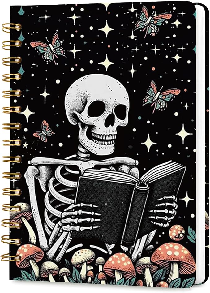 Lined Spiral Journal Notebook for Work A5, 160 Pages, Skull Head Reads | College Ruled Spiral Journal for Women, Hardcover with Elegant Design for Note-Taking, 5.5 * 8.25 inch