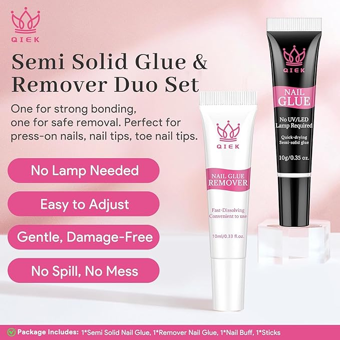 No-Lamp Nail Glue & Remover Set for Press Ons, 10ml Quick Dry 28 Days Super Strong Hold Glue on Nails, 10g Gentle Easy Removal with Tools Set for Beginner DIY Home, Not for Gel Polish Base Coat