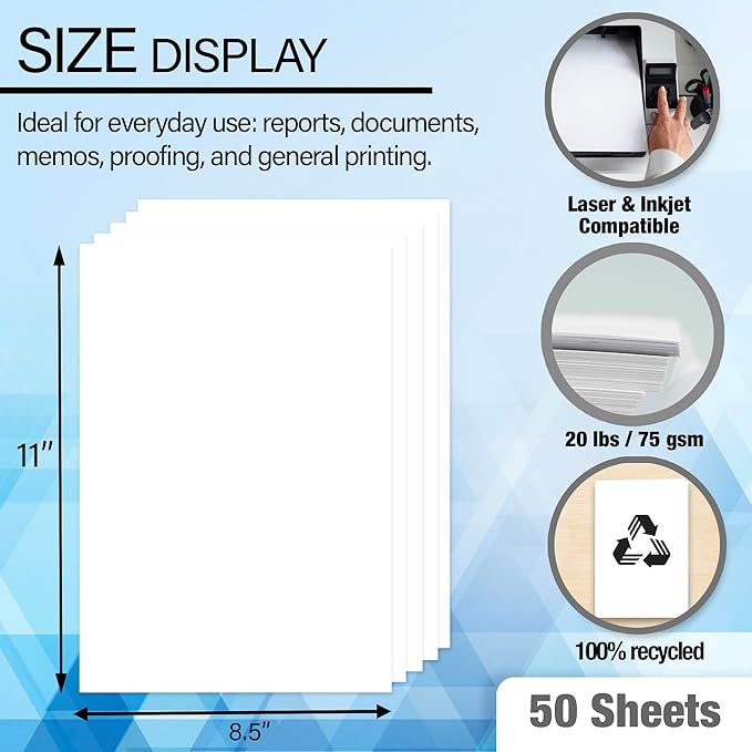 BAZIC Products Blank Paper Copy & Multipurpose Paper - 8.5" x 11" White Color Printer Paper for Inkjet, Laser, and Fax Machines, Ideal for Office, School, and Crafts, 50 Sheets/Pack, 25-Packs