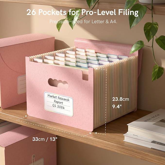 ABC life 26 Pockets Accordion File Organizer, Blush Pink | Expanding File Folder for Letter/A4 Size, Portable Document Holder with A-Z Tabs for Tax Receipt, School, Home, Office