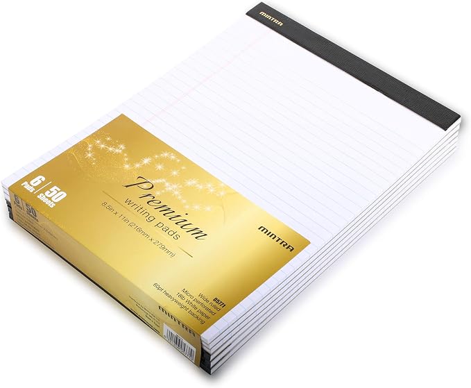 Mintra Office White Legal Pads – Ruled Notepads and Micro-Perforated Sheets, Ideal for Writing, Note-Taking & Creativity, Office, or Professional Use, Premium Pad 6 pack, 8.5"x11" (Wide Ruled)
