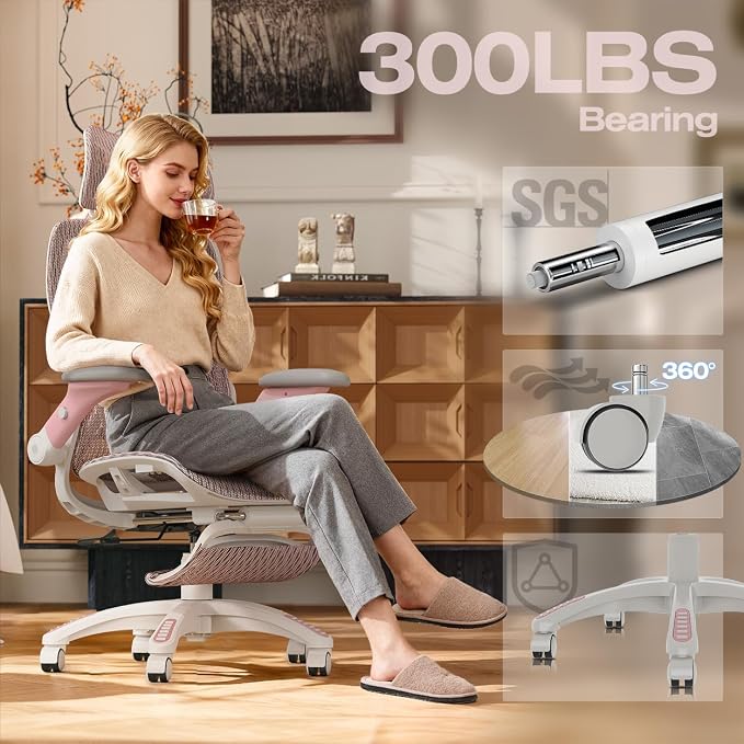 X100 Ergonomic Mesh Office Chair with Footrest, Big and Tall Home Desk Chair with 5D Flip-Up Arms, Adjustable 3D Lumbar Support, Gaming & Executive Computer Chair (Peach Blossom)
