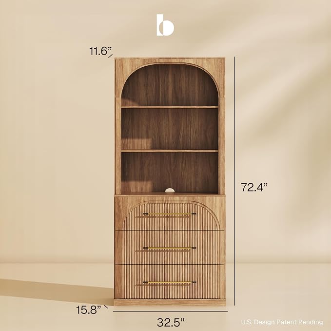 BELLEZE Display Storage Cabinet with Hutch Set of 2, 72" Tall Wood Modern Bookshelf with 3 Drawers, Cabinet for Office, Study, Kitchen, Dining Living Room, Camel