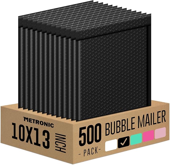 Metronic Bubble Mailer 10x13" Black 500Pack Waterproof Padded Envelopes Self Seal Large Bubble Mailers Cushioning Bubble Envelopes for Shipping,Books,Jewelry Makeup Supplies