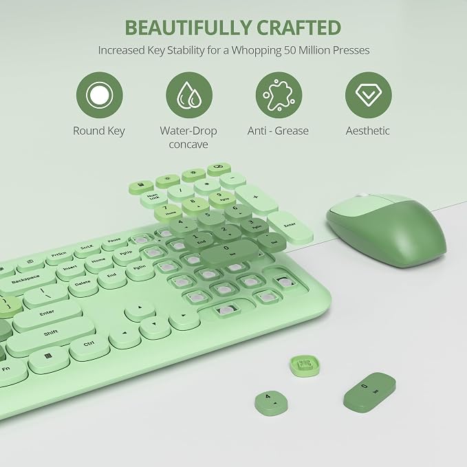surmen Cute Green Keyboard and Mouse Wireless, Full-Size Retro Typewriter Wireless Silent Colorful Keyboard Low-Noise 2.4GHz for Home and Office（Light Green）