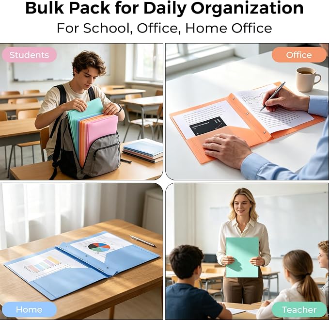 Two-Pocket-Folders with 3 Prongs, Letter Size Plastic Folders with Pockets and Prongs, Poly Plastic Folders for Office & School. 6 Pastel Colors (Assorted Colors - 12 Packs)