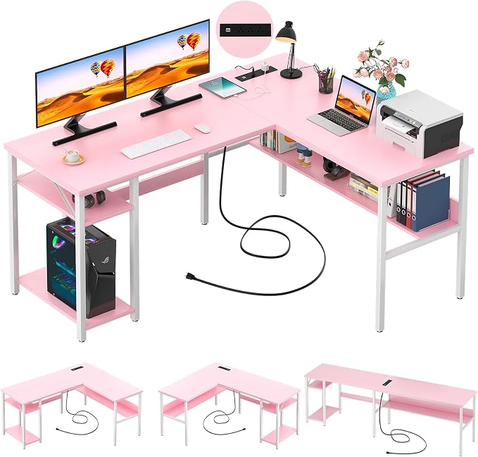 Unikito Reversible L Shaped Desk with Magic Power Outlets and USB Charging Ports, Sturdy Corner Computer Desk with Storage Shelves, Gaming Table Home Office Desk, Easy to Assemble, Pink