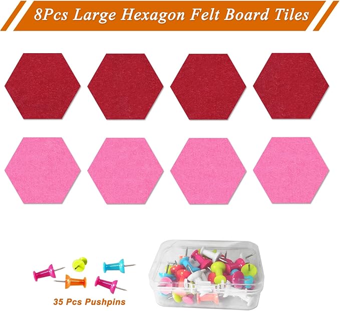Large Hexagon Felt Cork Board Tiles, Self Adhesive DIY Felt Bulletin Board Pin Board with 35 Pushpins for Office School Home Wall Decor Stickers Memos Photos Display(Red+Pink)