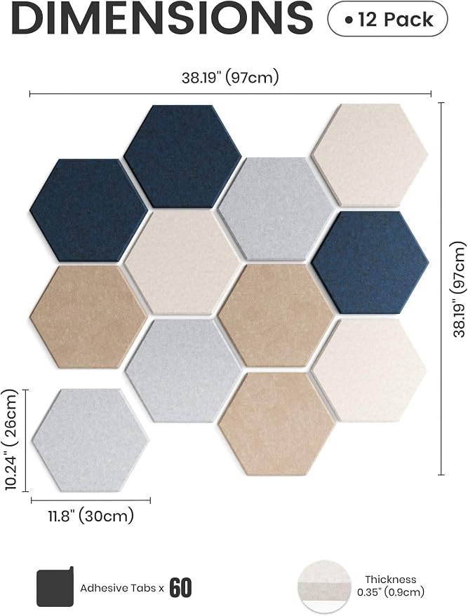 Fluxynara 12-Pack Hexagon Felt Bulletin Board Tiles, Nordic Slate-1 | Cork Board Alternative with 60 Adhesive Tabs for Notes, Photos and Reminders in Home Offices, Dorm and Classrooms