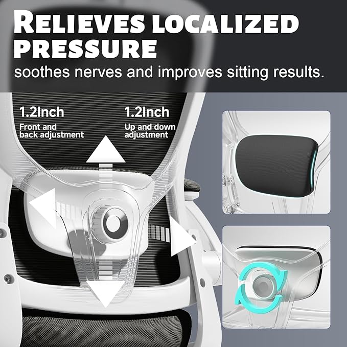 Office Computer Desk Chair - Lumbar Support and Headrest, Ergonomic Mesh Back Swivel Task Chair,Flip-Up Arms for Desk Work, 90-120° Tilt Rolling Chair for Home Office(White-Black6076)