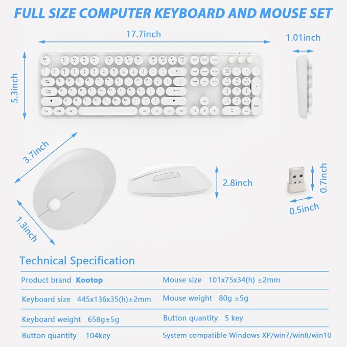 Wireless Keyboard Mouse Combo,104 Keys Cute Colorful Typewriter White | Full Size With Number Pad & Mouse,Compatible With All Windows,Ideal For Windows,1600DPI,Computer, PC, Notebook, Laptop