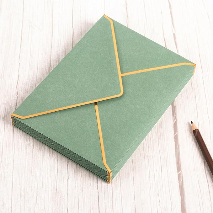 50 Pack A7 Envelopes Sage Green 5 x 7 with Gold Border | Self-Adhesive, V Flap, For Wedding, Graduation, Baby Shower, Parties, Invitations