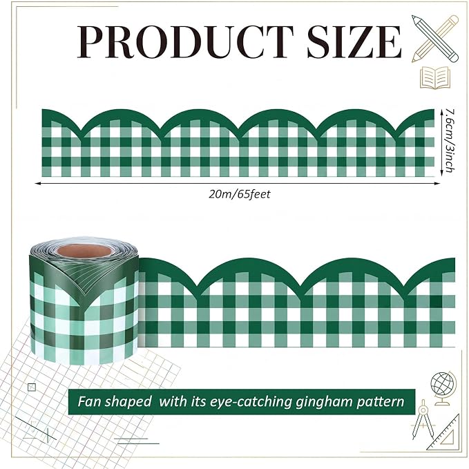 Zonon 65ft Dark Green Gingham Bulletin Board Border, Scalloped Trim Classroom Decoration for Back to School, Whiteboard, Blackboard, Cork and Posterboard, Party, Office