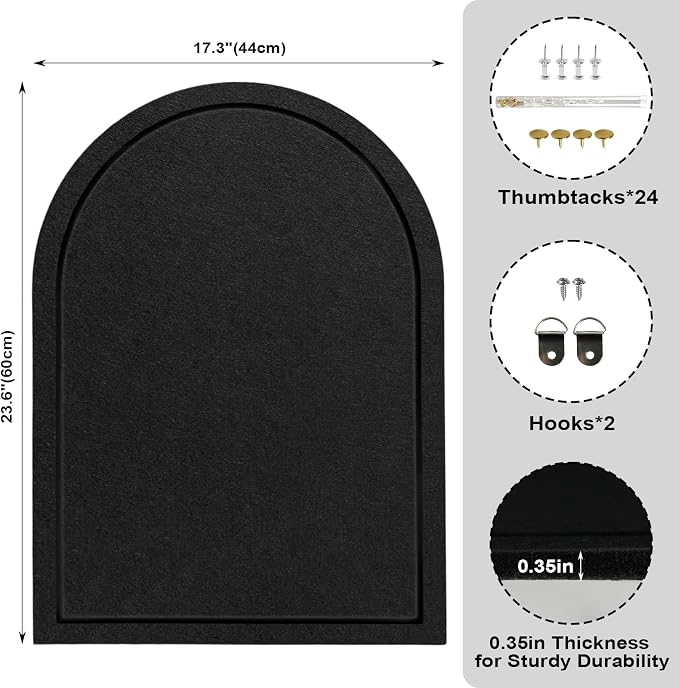 VABAMNA Arched Felt Bulletin Board 24" x 18", Grooved Edge Foldable Self-Adhesive Boards with Pins & Hooks for Office, School & Home Photo Display (Black)