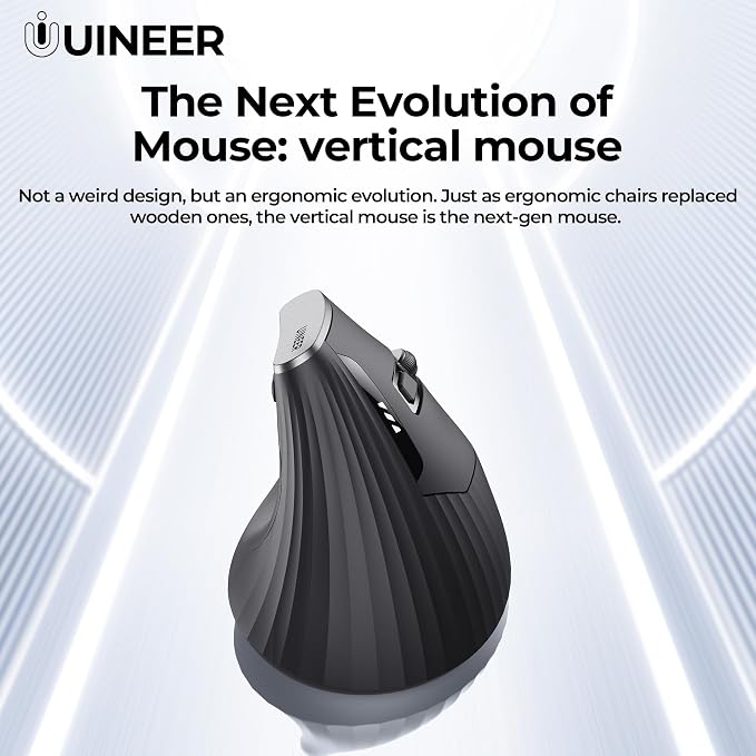 Uineer Ergonomic Vertical Mouse, 2.4G Wireless Mouse, Rechargeable, 4-DPI | Right-handed vertical design with 2.4G USB-A connection, rechargeable battery and visible battery level.