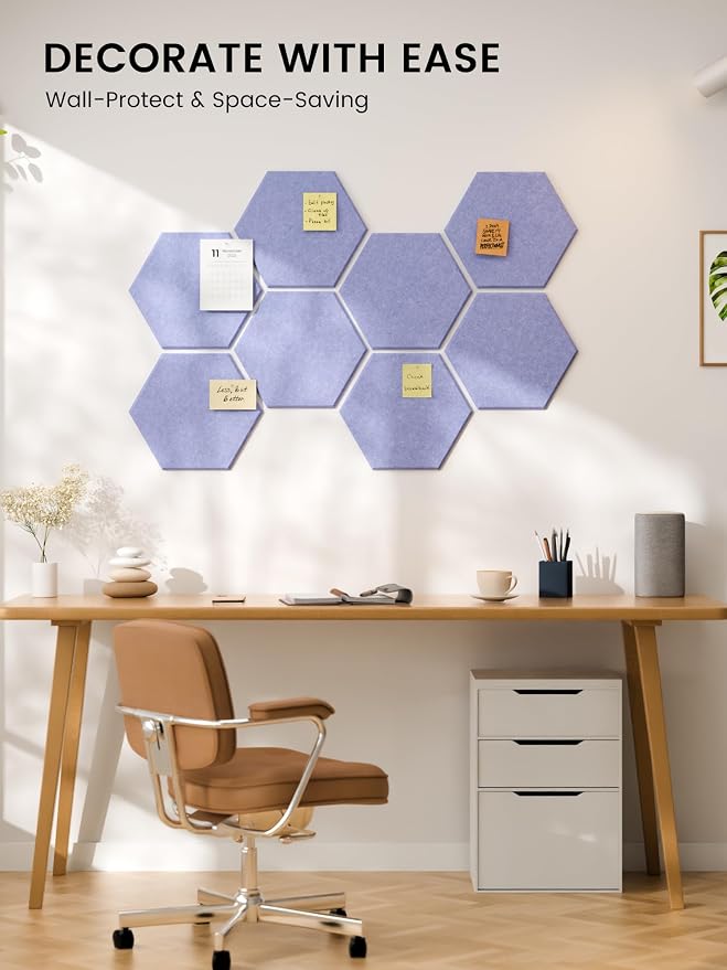 Fluxynara 8-Pack Hexagon Felt Bulletin Board Tiles, Soft Periwinkle | Cork Board Alternative with 50 Adhesive Tabs for Notes, Photos and Reminders in Home Offices, Dorm and Classrooms