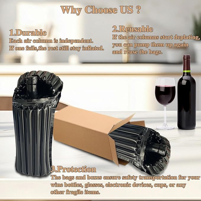10 Wine Shipping Box Sets,Include 10 Wine Boxes for Shipping and 10 Bottle Protector Bags with 1 Reusable Air Pump,Inflatable Bubble Cushion Wrap for Transportation