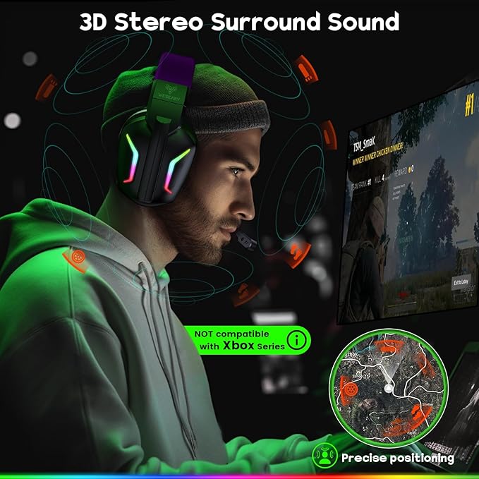 Wireless Gaming Headset for PS5, PS4, PC, Laptop, Mac & Switch, Dual Low-Latency 2.4GHz USB/Type-C, Bluetooth Gaming Headphones with ENC Mic for Gamecube Accessories,3D Stereo,Colorful Light
