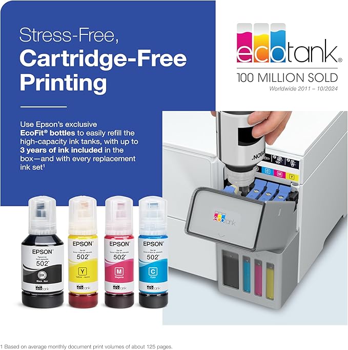 Epson EcoTank ET-2980 Wireless All-in-One Color Supertank Printer with up to 3 Years of Ink Refillable Tanks, Perfect for Home, 15 PPM, 1.44" Colorful Screen, Auto 2-Sided Printing - White