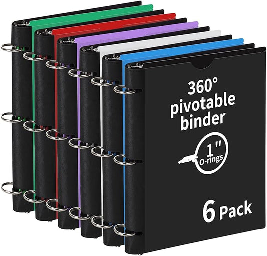 6 Pcs 360° Pivotable 3 Ring Binder, Soft 1 inch Binders 3 Ring, Flexible Thin Soft Three Ring Binder Fits 8.5" x 11", for Home, School and Office-Black, White, Blue, Green, Red, Purple