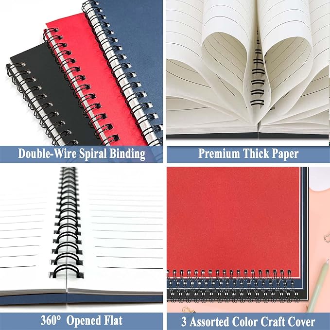 3Pack Small Spiral Notebook A5, 5.5x8.3” Notebook for Work 120Page Notepads | Colored Multipack College Ruled Notebooks A5 Kraft Spiral Bound Small Notebook Journal Lined Note Pads for Writing Journaling
