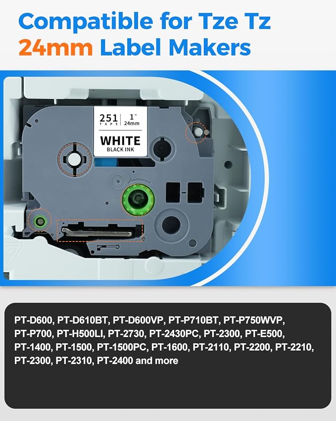 TZ-251 24mm 0.94 White Label Maker Tape Compatible for Brother TZe-251 | P-Touch Laminated Label Tape TZe251 Black on White 1 Inch TZe Tz Tape for Brother PT-D600 PT-D610BT PTP700 PTP710BT, 10-Pack