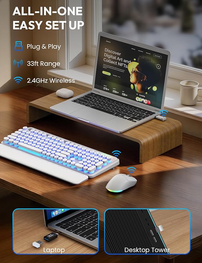 Wireless Keyboard and Mouse, Backlit Typewriter with Magnetic Wrist Rest | Phone Holder, Light Up Round Keycaps, Lighting Mouse, 2.4GHz Cordless Set for Mac, Windows, PC, Laptop, SABLUTE