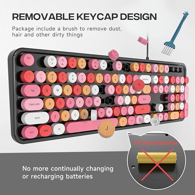 Computer Keyboard Wired, Plug and Play USB Retro Round Typewriter Keyboard, Full Size Wired Keyboard with Foldable Stands for Laptop and Office PC