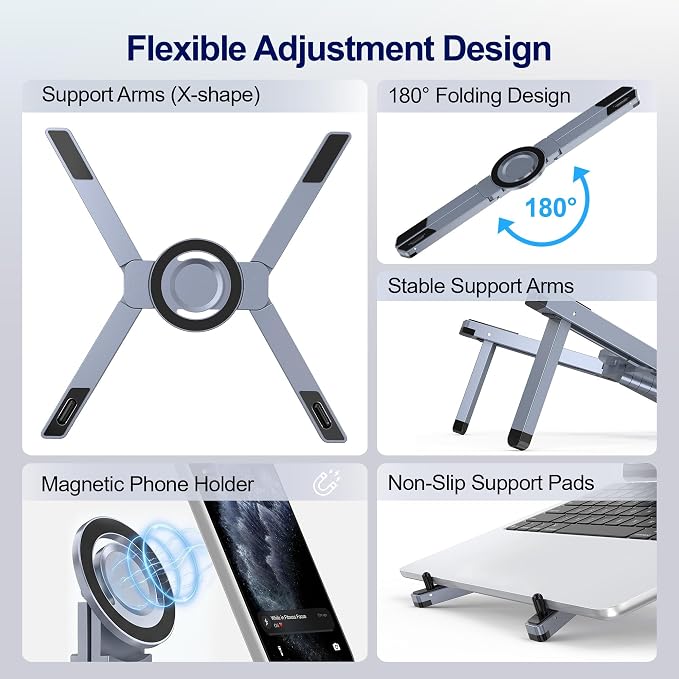 Laptop Stand for Desk, 3-in-1 Magnetic Phone Holder, Foldable | 3-in-1 Portable Laptop Stand, N52 Magnetic Phone Holder, Supports Laptops & Tablets up to 15", Foldable Aluminum Alloy