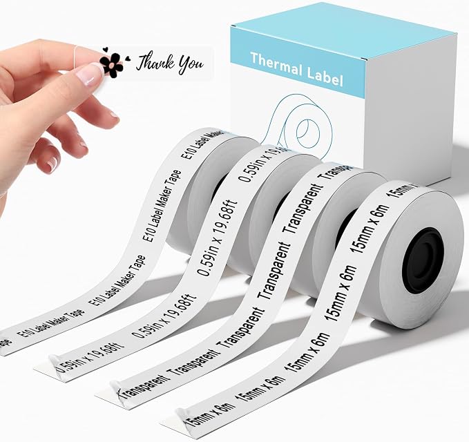 4 Rolls Label Maker Tape Compatible with SUPVAN E10 E11 Label Maker | Transparent,15mm × 6m,Continuous Laminated Thermal Label Tape Refill,Cannot be used on Katasymbol app, please use SUPRINT app