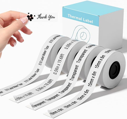 4 Rolls Label Maker Tape Compatible with SUPVAN E10 E11 Label Maker | Transparent,15mm × 6m,Continuous Laminated Thermal Label Tape Refill,Cannot be used on Katasymbol app, please use SUPRINT app