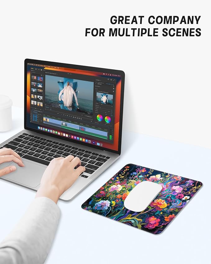 Mouse Pad, Cute Mouse Mat, 10" x 8", Colorful Oil Painting Flower | Square Waterproof Gaming Computer Mat, Textured Top, Stitched Edges, Non-Slip Rubber Base for Office Home Laptop Keyboard