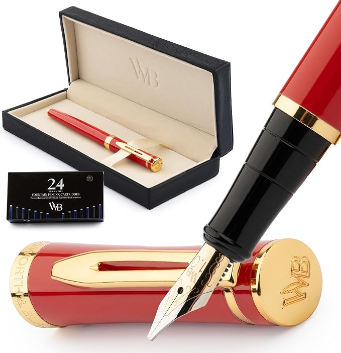 Wordsworth & Black Luxury Fountain Pen Set for Writing, Broad Nib, Red | Gift for Men & Women, Brass Body, 18K German Iridium, Calligraphy, Converter + 24 Ink Cartridges, Refillable, Leak-Free