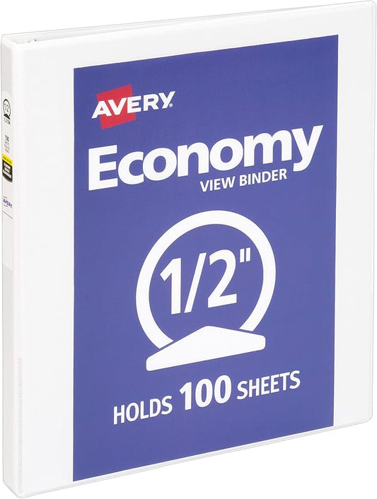 Avery Standard View 3 Ring Binder, 0.5" Round Rings, 100-Sheet Capacity, 0.7 Inch Wide Spine, 1 White Binder, Ideal for Lightweight Organization and Occasional Referencing (05706)