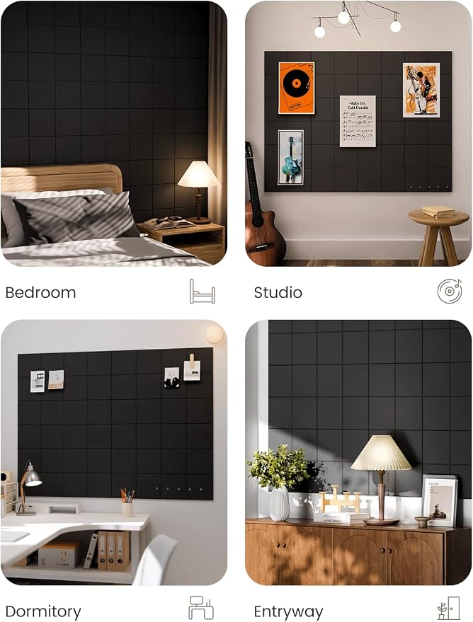 Fluxynara Felt Bulletin Board & Cork Board Alternative, Black | 48" x 36" Pin board, Removable Adhesive Tabs, Easy Install Without Wall Damage, For Home Office Decor